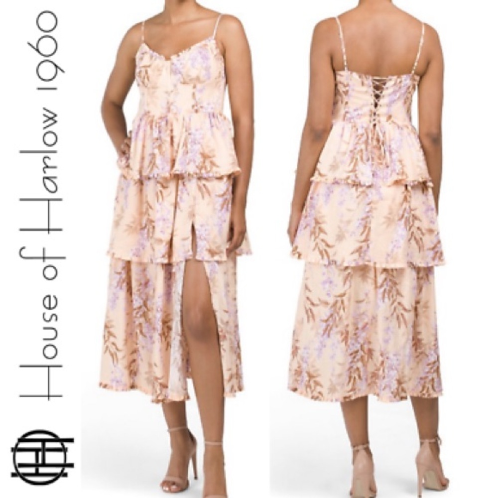 House Harlow 1960 Linen Tiered Dress with Lace Up Back Small NWT